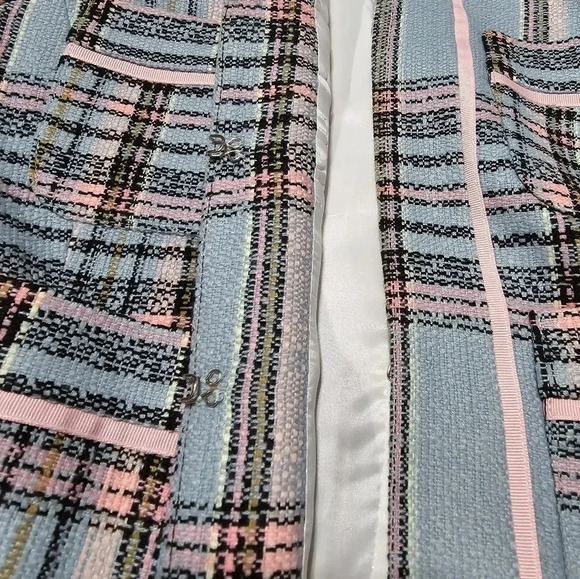 View Cropped Tweed Blazer/Dress Jacket, Light Blue/Pink Plaid, Lined, Sz 6, EUC! - Picture 11 of 14
